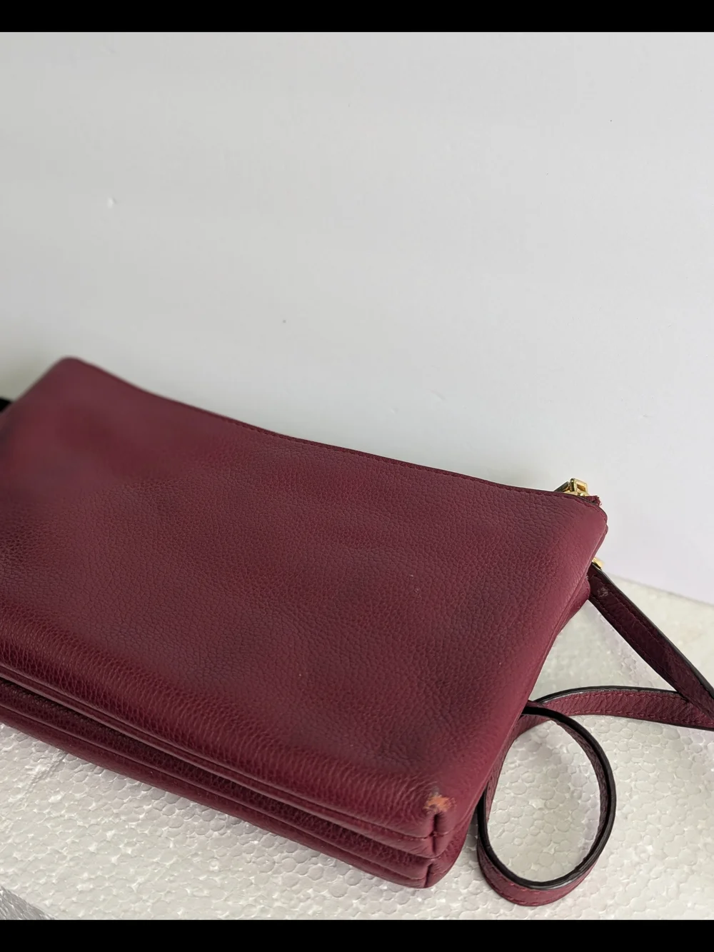 Michael Kors Burgundy Pebbled Leather Crossbody Double Zip Wristlet Clutch Gold